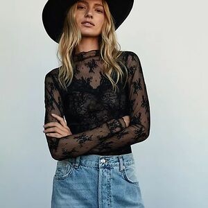 Free People Lady Lux Layering Black Lace Top Sz S